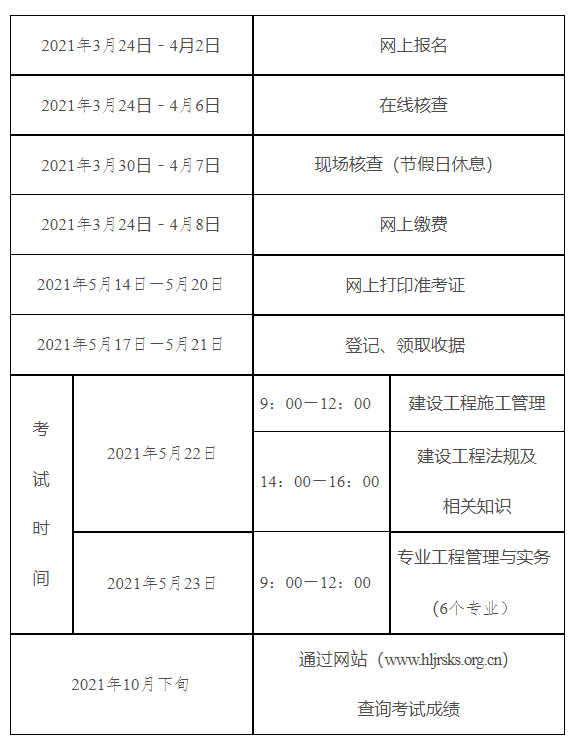 2021年黑龙江二级建造师考试时间安排