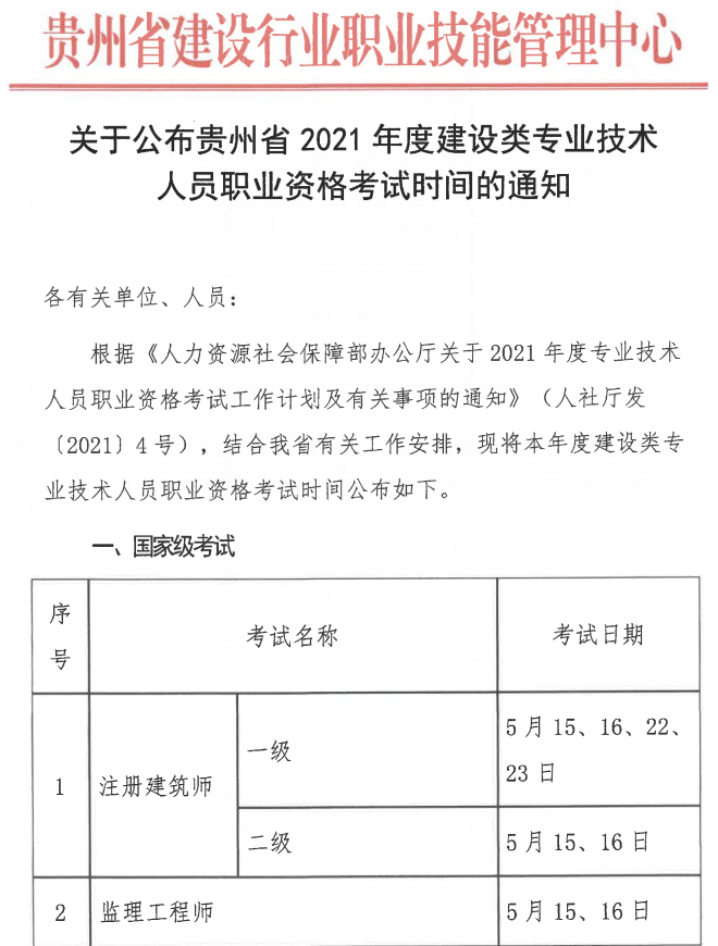 环球网校2021年贵州省一级造价工程师职业资格考试时间通知